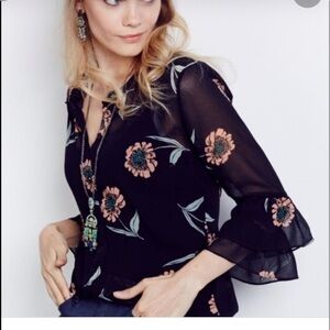 Cabi floral la di da sheer blouse bell sleeve festival boho